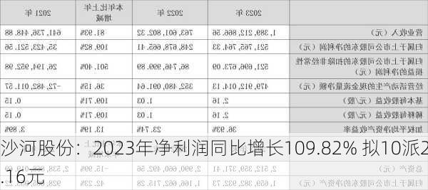 沙河股份：2023年净利润同比增长109.82% 拟10派2.16元