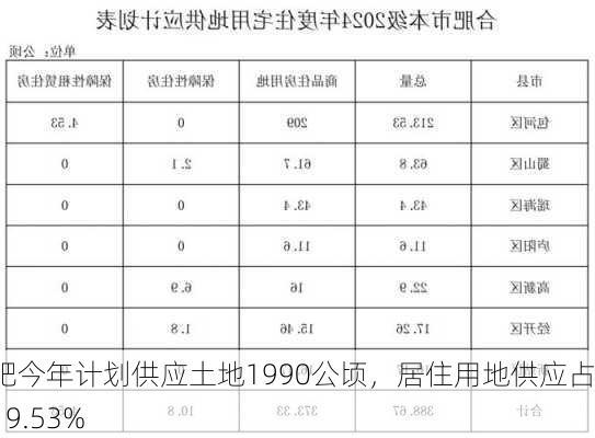 合肥今年计划供应土地1990公顷，居住用地供应占比19.53%