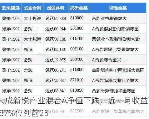 大成新锐产业混合A净值下跌，近一月收益7.87%位列前25