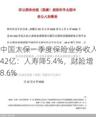 中国太保一季度保险业务收入1542亿：人寿降5.4%，财险增8.6%