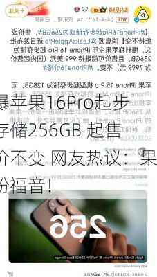 曝苹果16Pro起步存储256GB 起售价不变 网友热议：果粉福音！