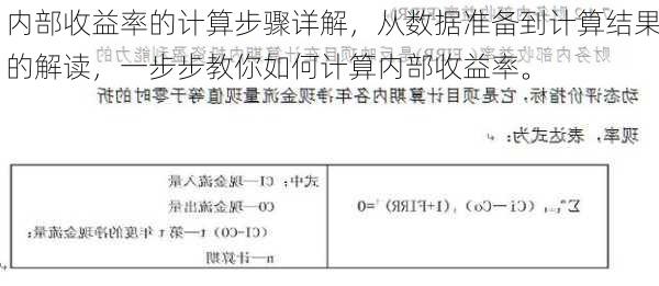 内部收益率的计算步骤详解，从数据准备到计算结果的解读，一步步教你如何计算内部收益率。