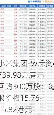 小米集团-W斥资4739.98万港元回购300万股：每股价格15.76-15.82港元