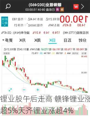 锂业股午后走高 赣锋锂业涨超5%天齐锂业涨超4%