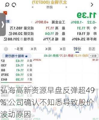 弘海高新资源早盘反弹超49% 公司确认不知悉导致股价波动原因