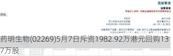 药明生物(02269)5月7日斥资1982.92万港元回购137万股