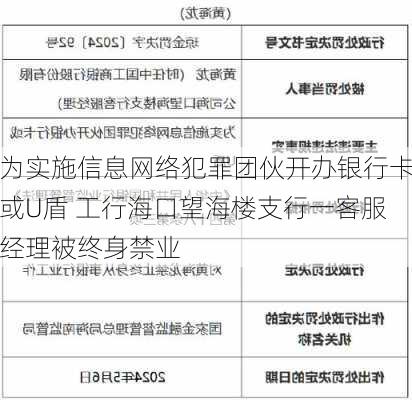 为实施信息网络犯罪团伙开办银行卡或U盾 工行海口望海楼支行一客服经理被终身禁业