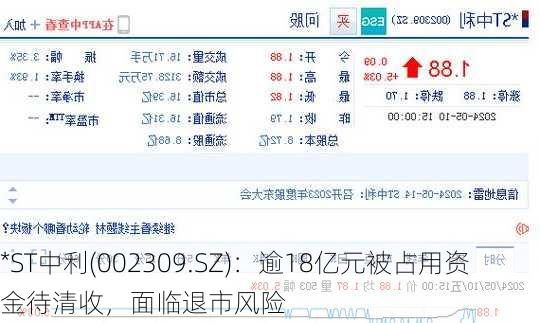 *ST中利(002309.SZ)：逾18亿元被占用资金待清收，面临退市风险