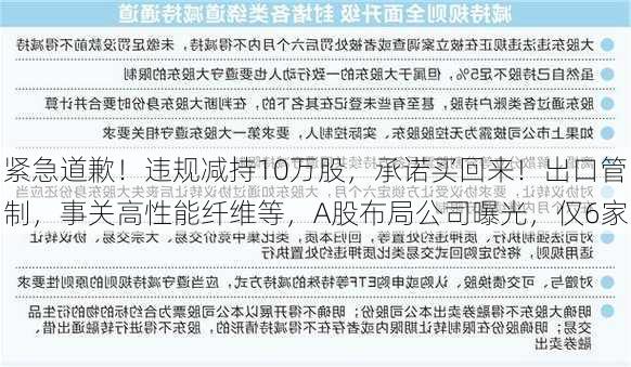 紧急道歉！违规减持10万股，承诺买回来！出口管制，事关高性能纤维等，A股布局公司曝光，仅6家