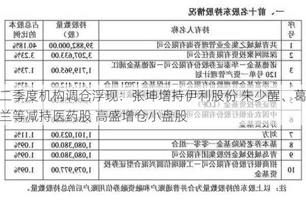 二季度机构调仓浮现：张坤增持伊利股份 朱少醒、葛兰等减持医药股 高盛增仓小盘股