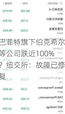 巴菲特旗下伯克希尔等公司跌近100%？纽交所：故障已修复