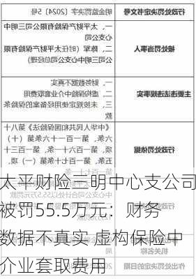 太平财险三明中心支公司被罚55.5万元：财务数据不真实 虚构保险中介业套取费用