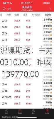 沪镍期货：主力 140310.00，昨收 139770.00