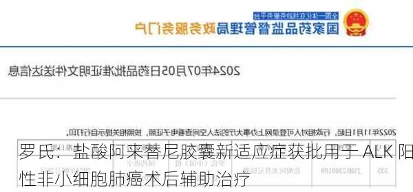 罗氏：盐酸阿来替尼胶囊新适应症获批用于 ALK 阳性非小细胞肺癌术后辅助治疗