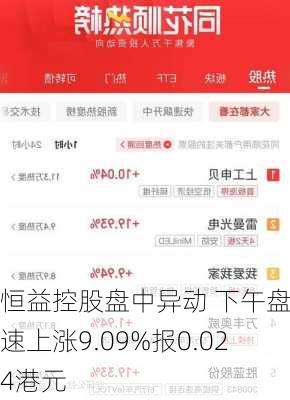 恒益控股盘中异动 下午盘急速上涨9.09%报0.024港元