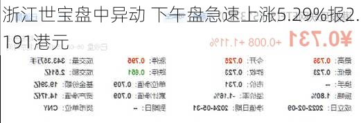 浙江世宝盘中异动 下午盘急速上涨5.29%报2.191港元