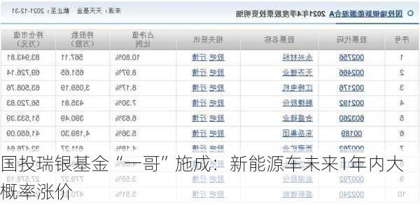 国投瑞银基金“一哥”施成：新能源车未来1年内大概率涨价