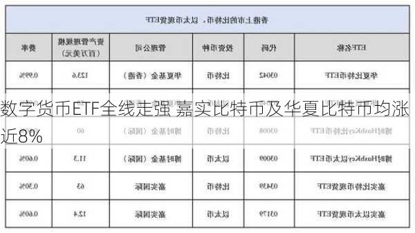 数字货币ETF全线走强 嘉实比特币及华夏比特币均涨近8%