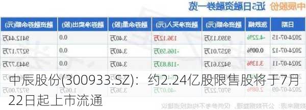 中辰股份(300933.SZ)：约2.24亿股限售股将于7月22日起上市流通