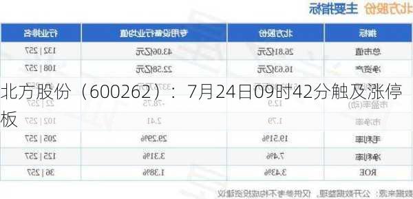 北方股份（600262）：7月24日09时42分触及涨停板