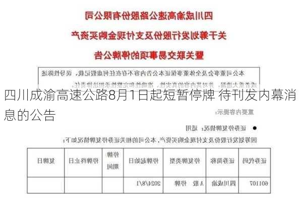 四川成渝高速公路8月1日起短暂停牌 待刊发内幕消息的公告