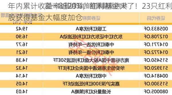 年内累计收益率近20%，红利基金火了！23只红利股获得基金大幅度加仓