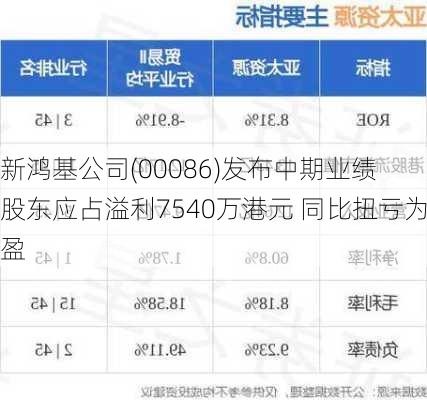 新鸿基公司(00086)发布中期业绩 股东应占溢利7540万港元 同比扭亏为盈