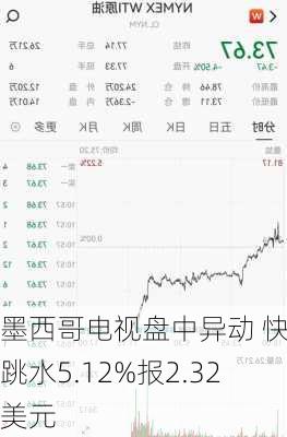 墨西哥电视盘中异动 快速跳水5.12%报2.32美元