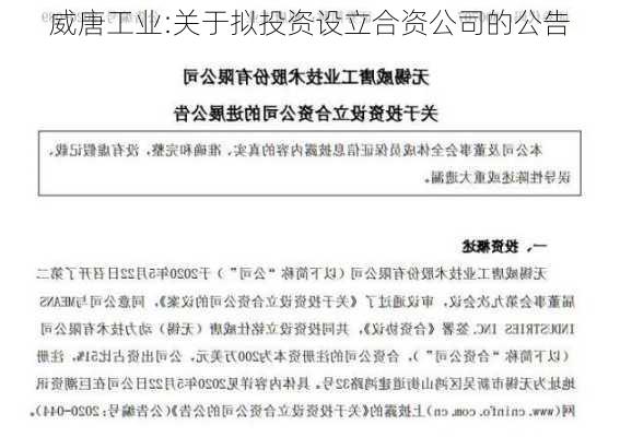 威唐工业:关于拟投资设立合资公司的公告