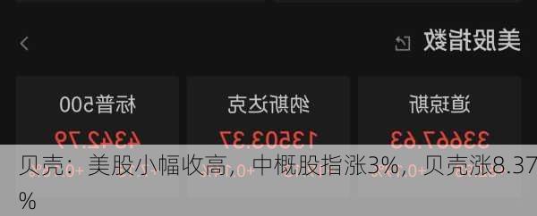 贝壳：美股小幅收高，中概股指涨3%，贝壳涨8.37%