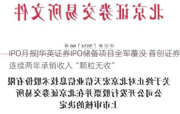 IPO月报|华英证券IPO储备项目全军覆没 首创证券连续两年承销收入“颗粒无收”