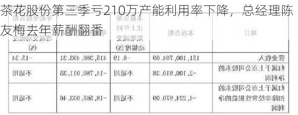 茶花股份第三季亏210万产能利用率下降，总经理陈友梅去年薪酬翻番